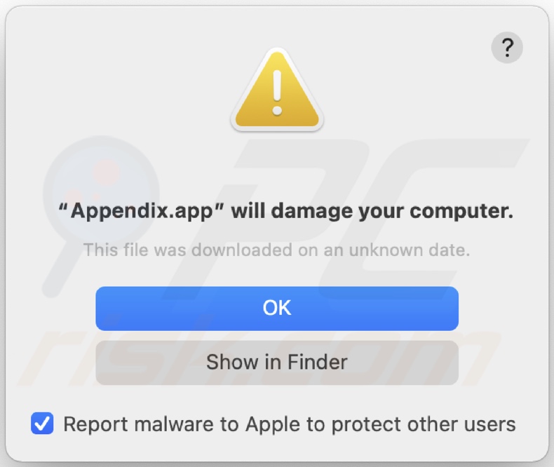 Pop-up displayed when Appendix.app adware is detected on the system