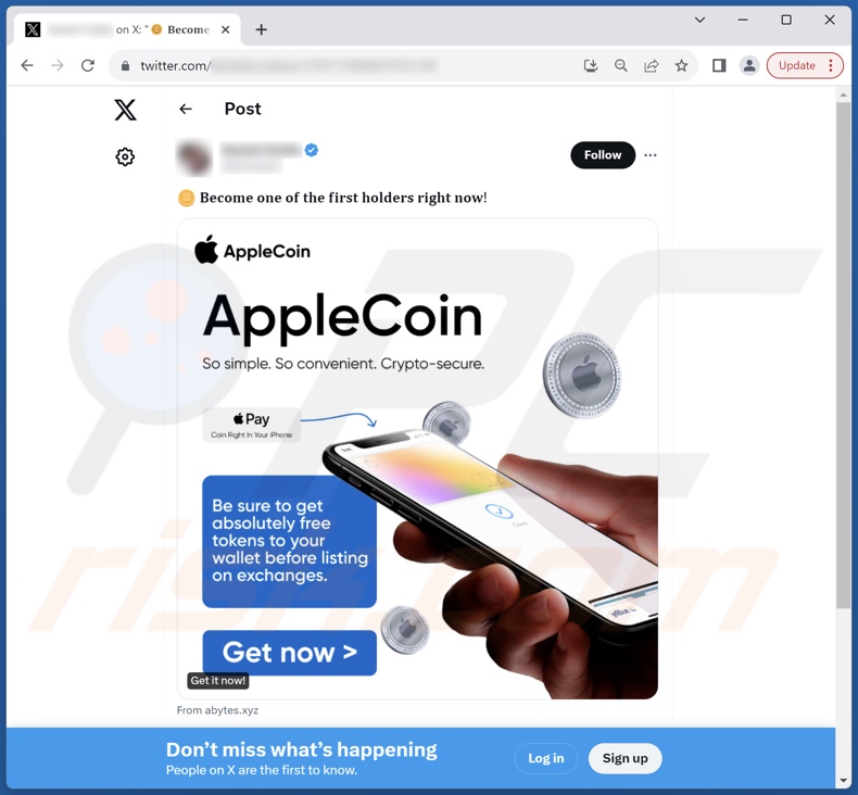 X (Twitter) post endorsing AppleCoin scam