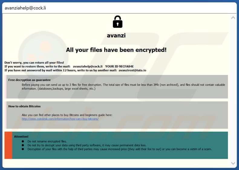 Avanzi ransomware ransom note (pop-up window)