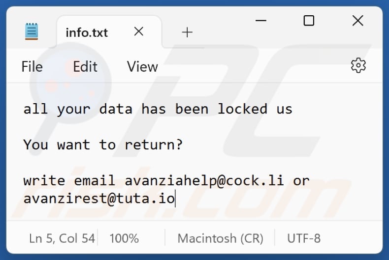 Avanzi ransomware text file (info.txt)