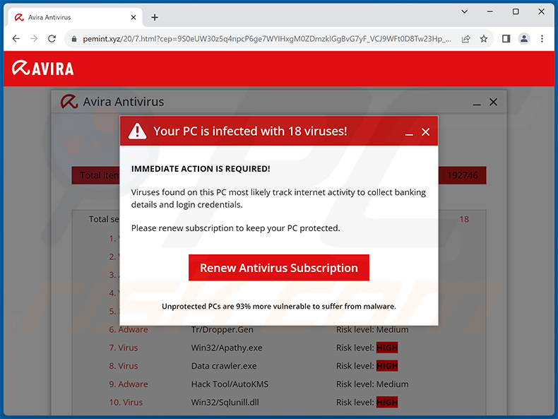 Avira - Your PC is infected with 18 viruses! pop-up scam