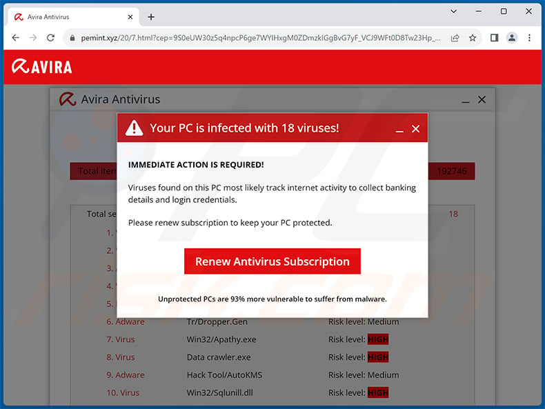 Avira - Your PC is infected with 18 viruses! pop-up scam