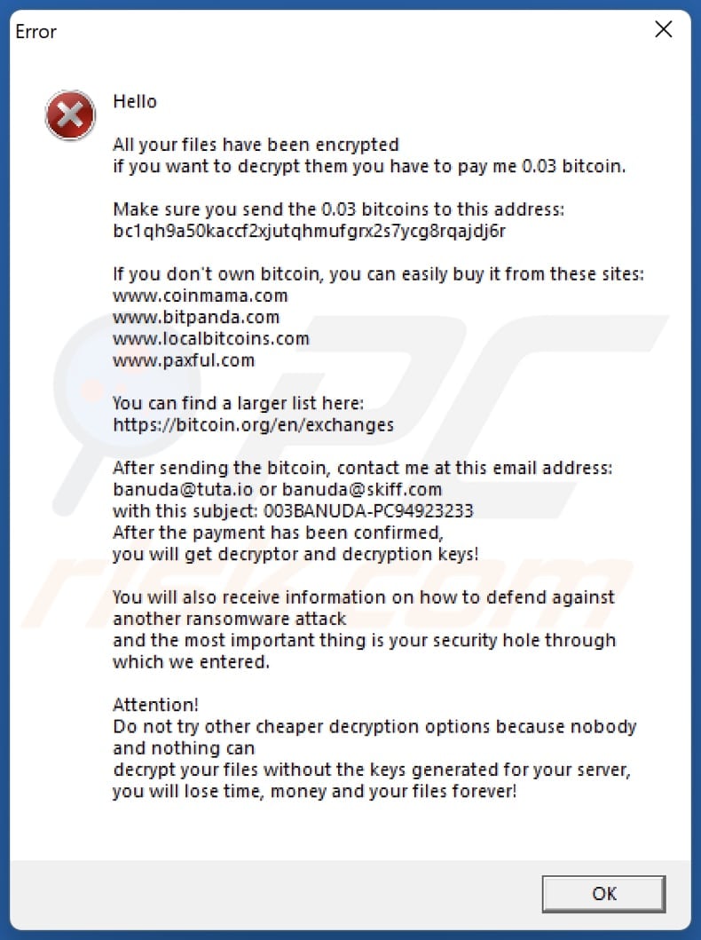 BaN ransomware error pop-up