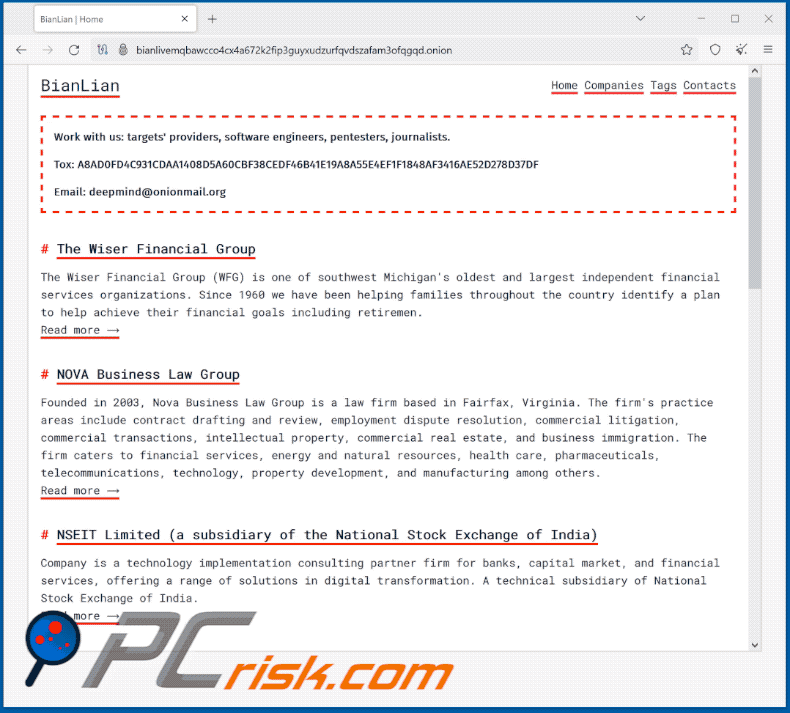 bianlian ransomware tor website appearance