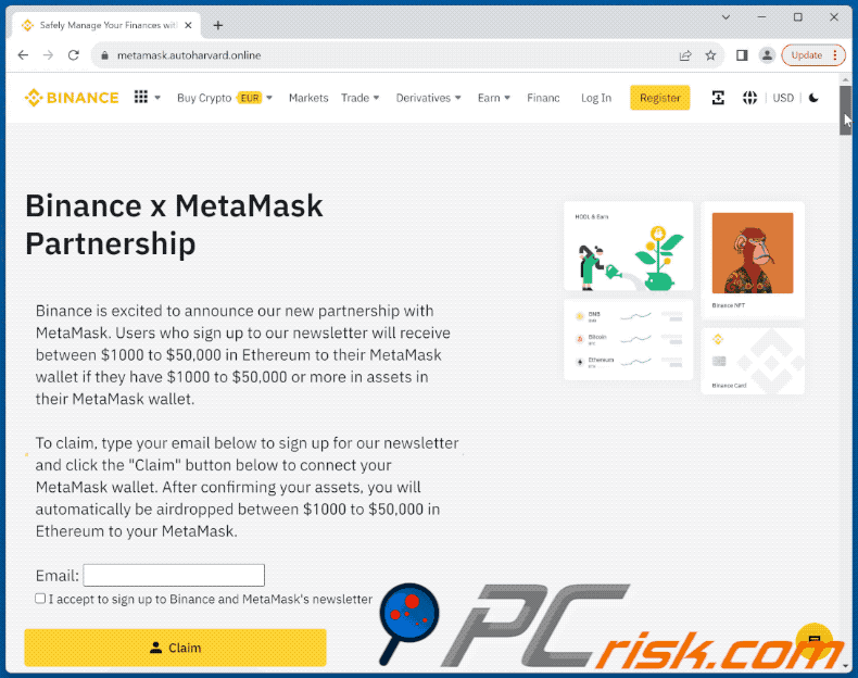 Appearance of Binance x MetaMask Partnership scam