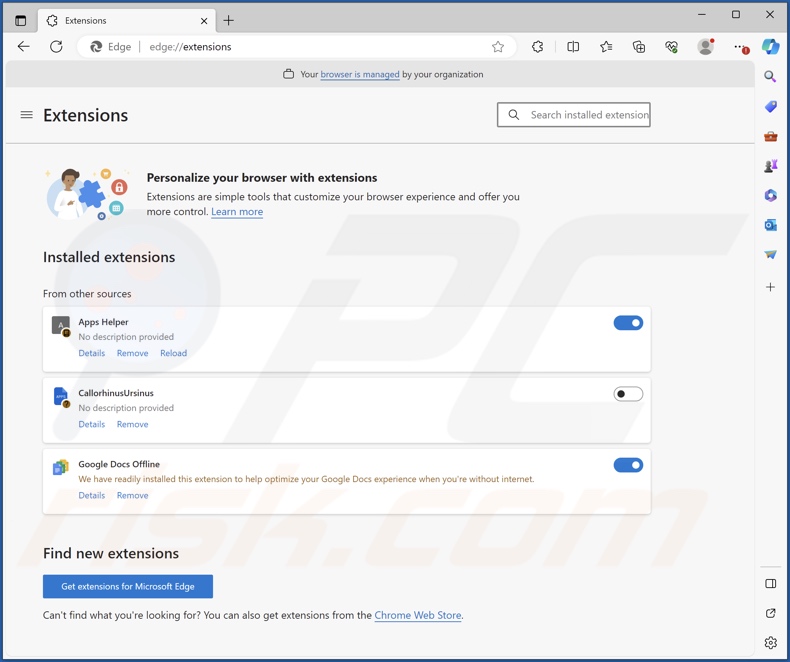 CallorhinusUrsinus browser extension installed on Edge