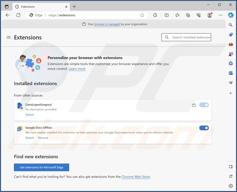 CanisLupusGregoryi malicious extension on Edge browser