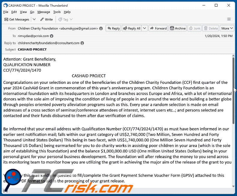 CashAid Project email scam appearance