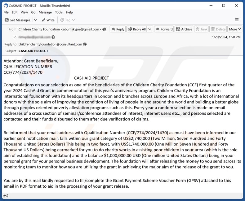 CashAid Project email spam campaign