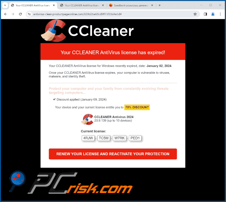 Appearance of CCLEANER AntiVirus License Has Expired scam (GIF)
