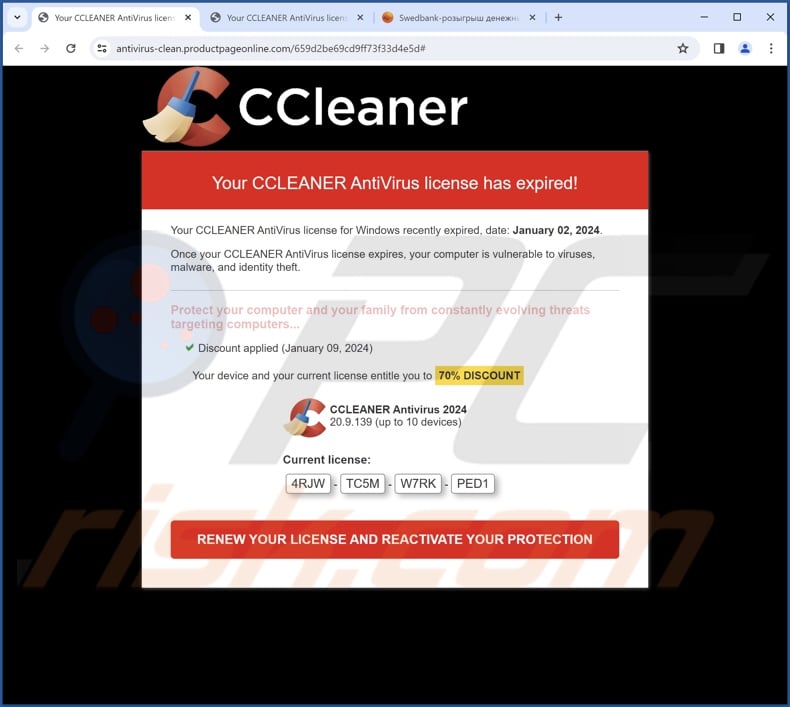 CCLEANER AntiVirus License Has Expired scam