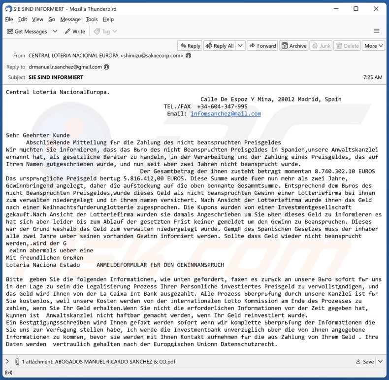 Central Loteria Nacional Europa email spam campaign
