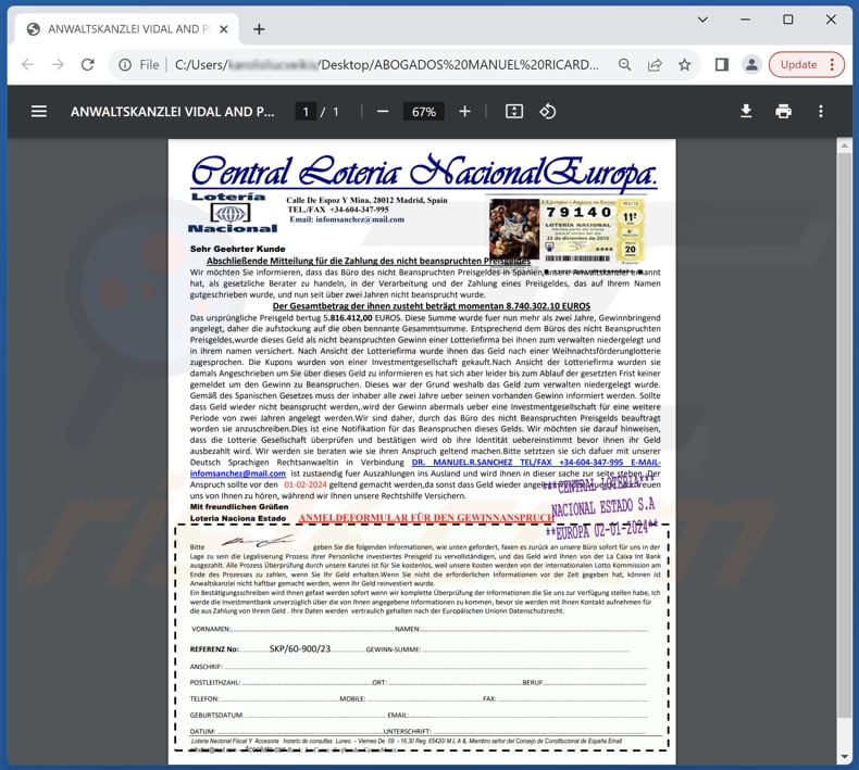 Central Loteria Nacional Europa email scam PDF attachment (ABOGADOS MANUEL RICARDO SANCHEZ & CO.pdf)