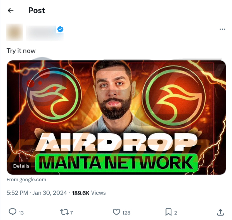 Claim Manta scam promoting X post