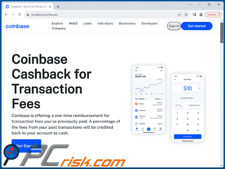 Appearance of Coinbase Cashback scam