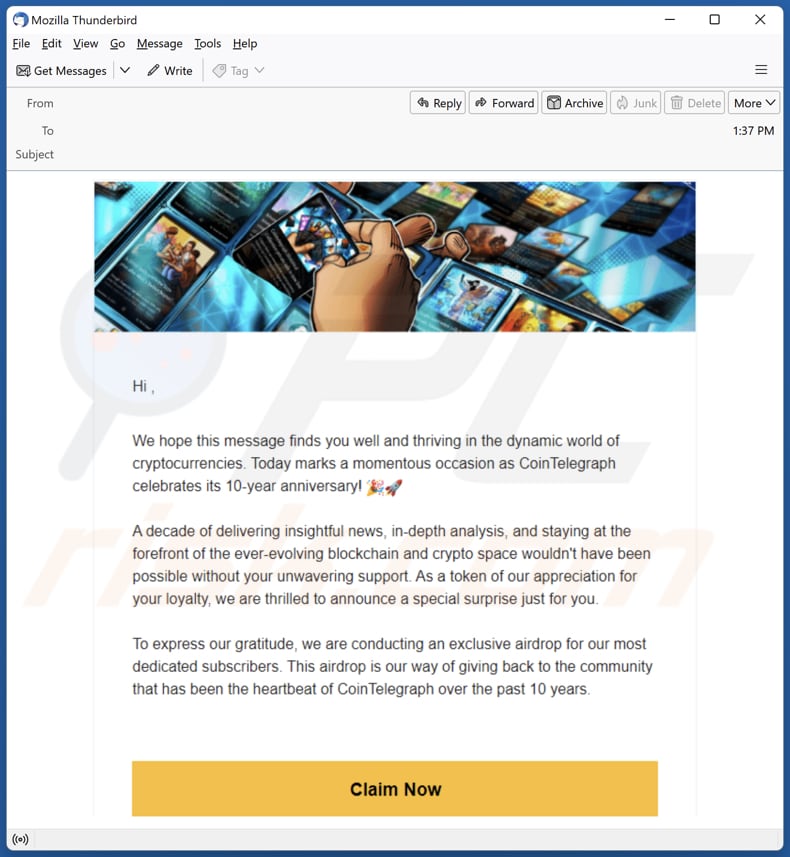 Cointelegraph's 10th Anniversary Airdrop emal promoting the scam
