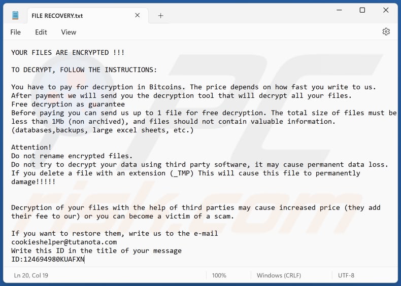 CookiesHelper ransomware text file (FILE RECOVERY.txt)