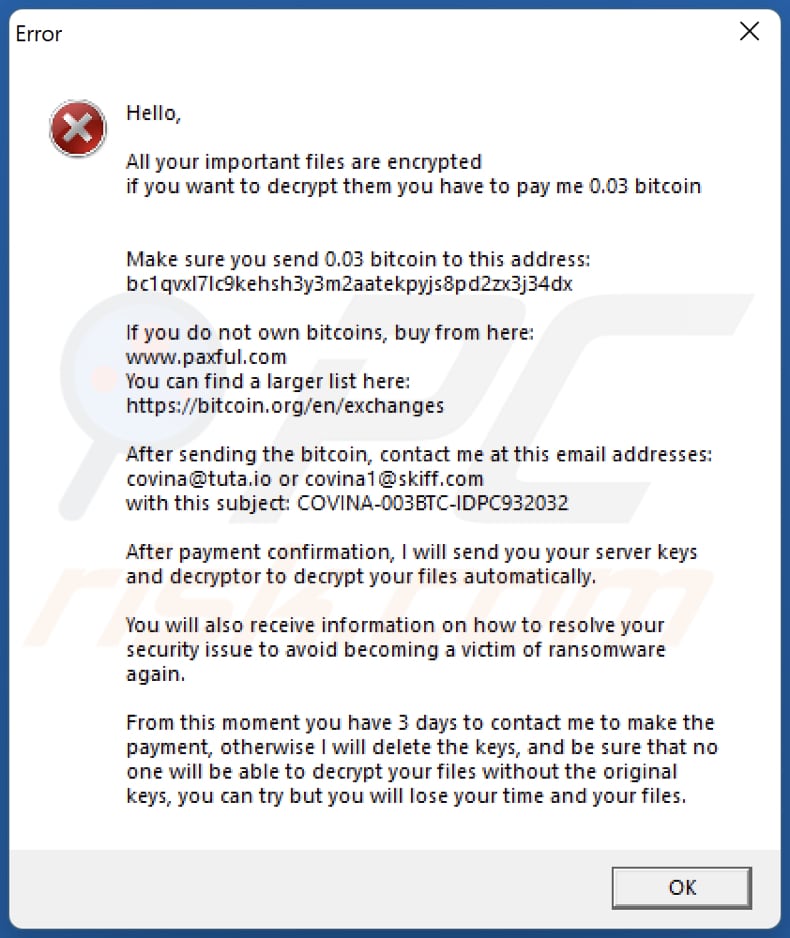 CoV ransomware error pop-up
