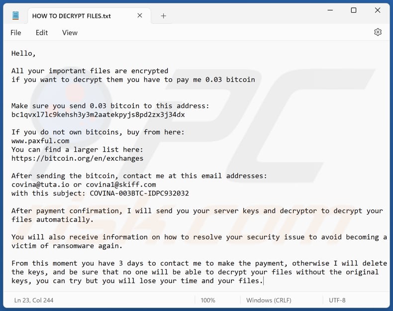 CoV ransomware text file (HOW TO DECRYPT FILES.txt)