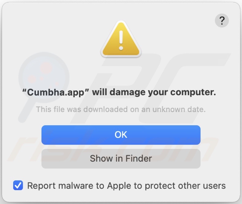 Pop-up displayed when Cumbha.app adware is detected on the system