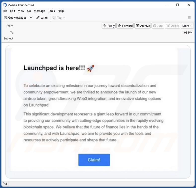 Spam email promoting the De.Fi Launchpad Airdrop scam