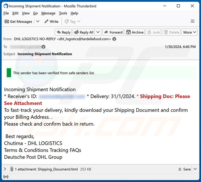 DHL - Incoming Shipment Notification email scam (2024-02-01)