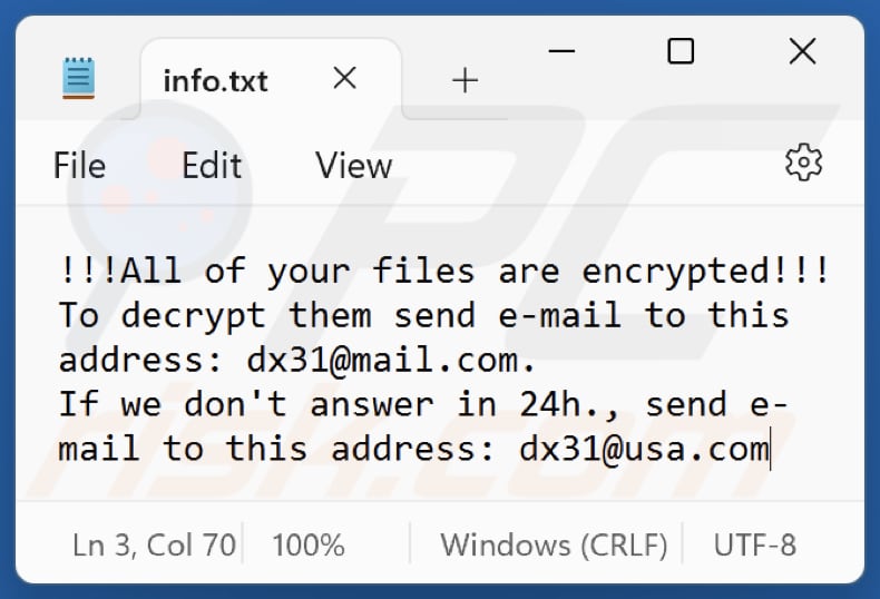 Dx31 ransomware ransom note text file (info.txt)