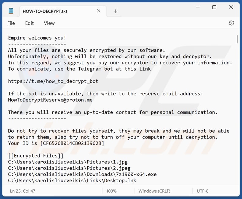 Empire ransomware text file (HOW-TO-DECRYPT.txt)