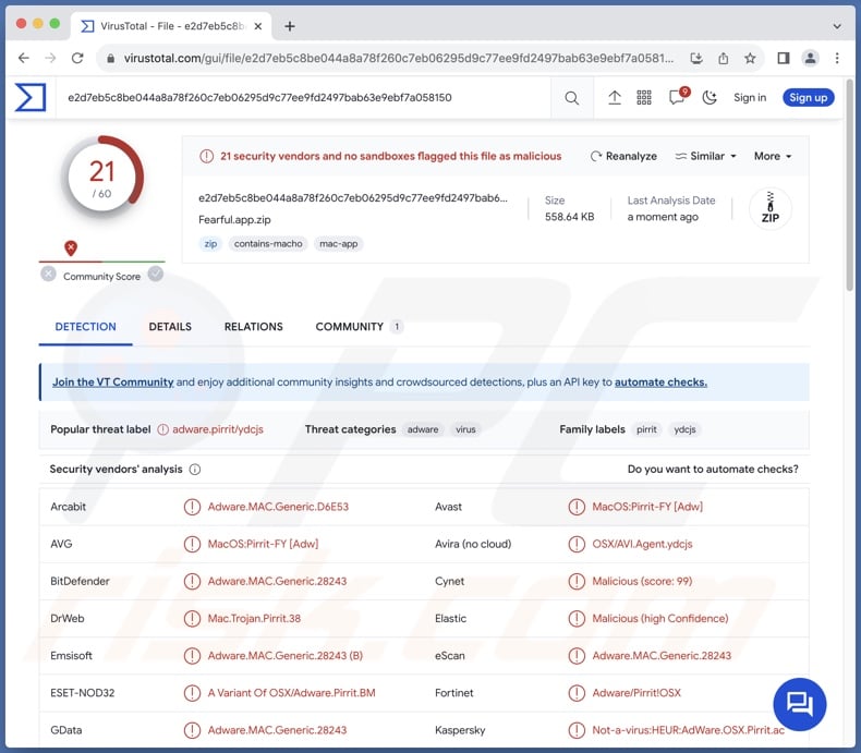 Fearful.app adware detections on VirusTotal