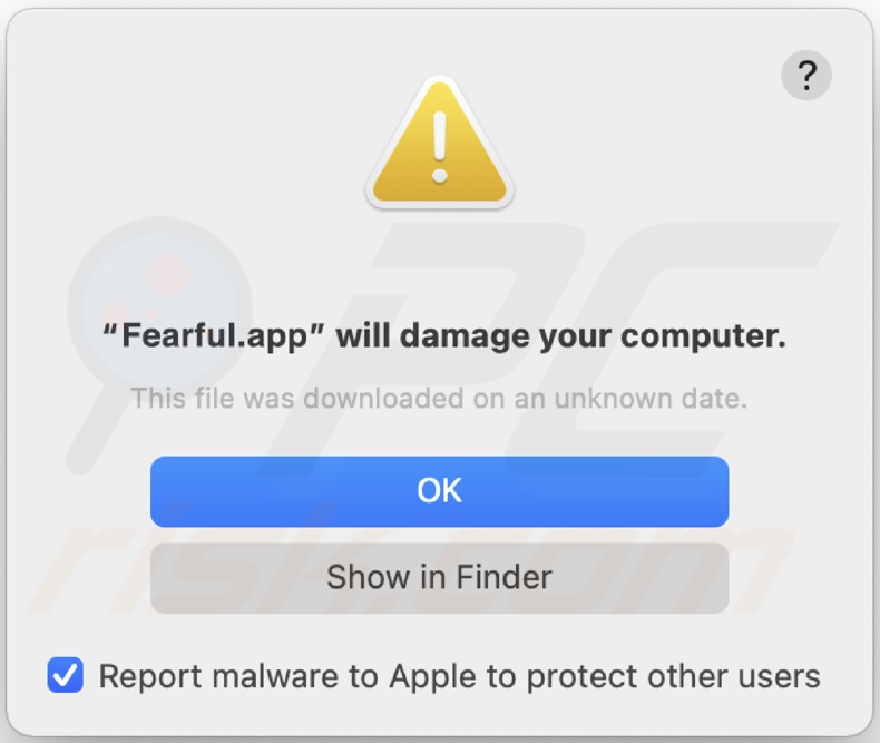 Pop-up displayed when Fearful.app adware is detected on the system