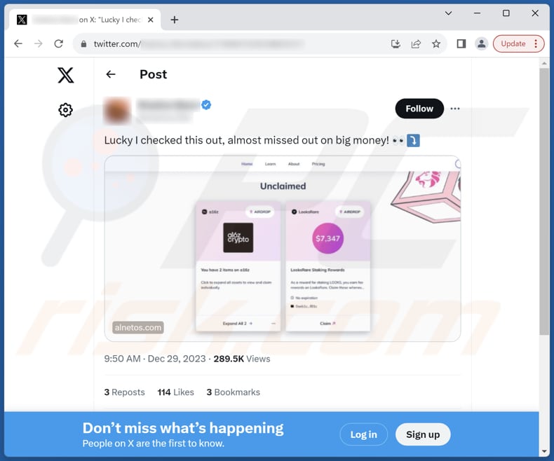 Find unclaimed airdrops scam promoted on X (Twitter)