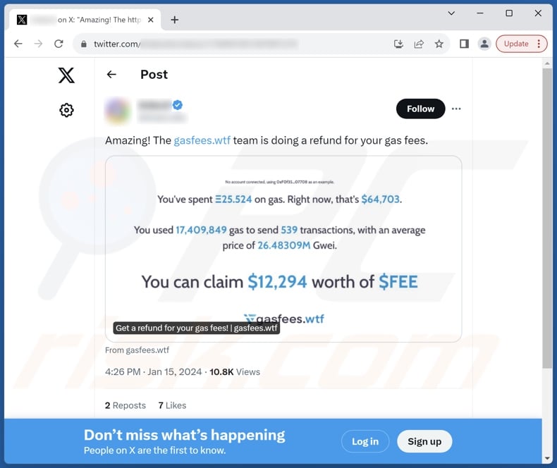 X (Twitter) promoting the Gasfees Airdrop scam