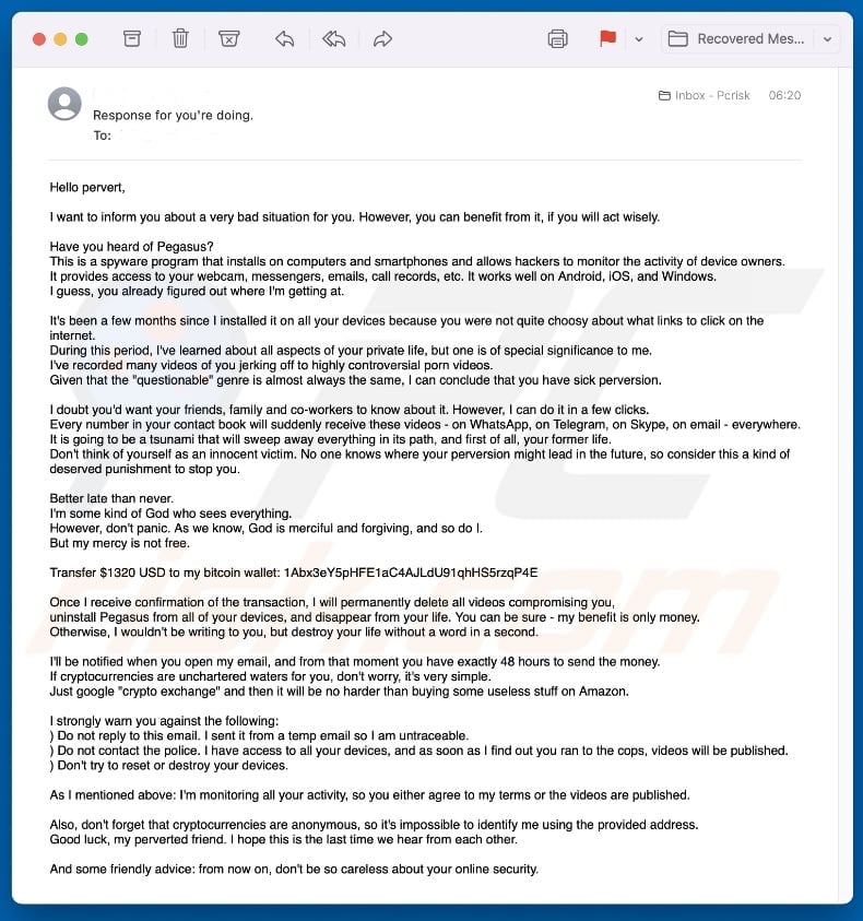 Hello pervert sextortion email example