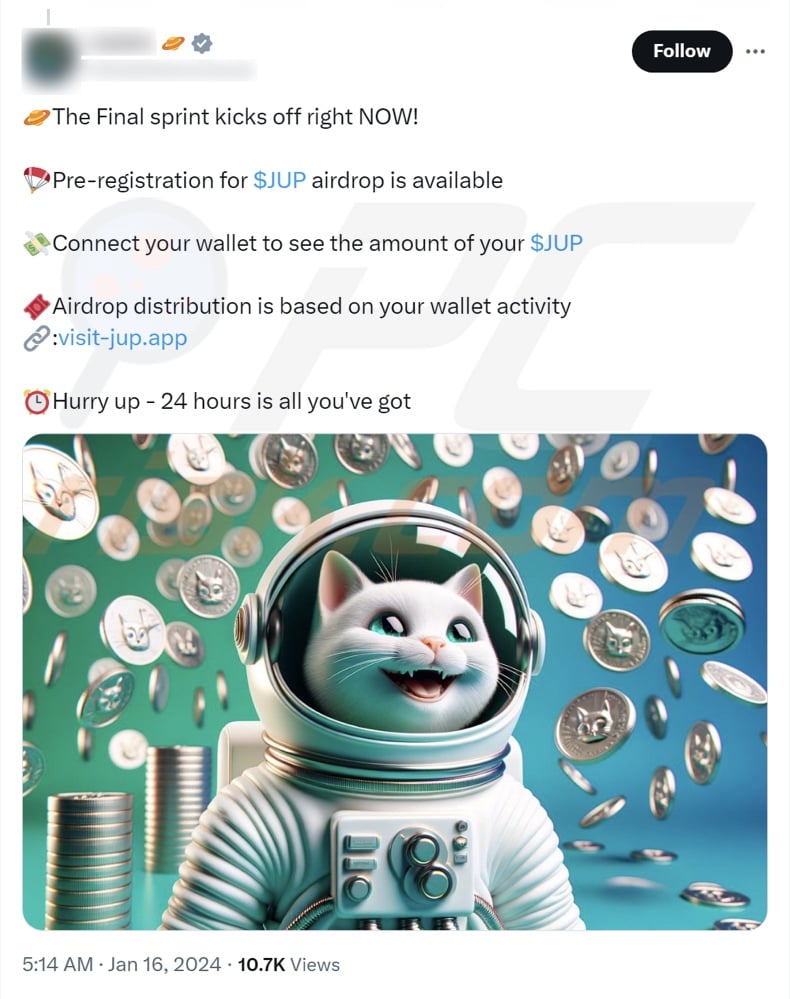 Jupiter Airdrop scam promoting X (Twitter) post