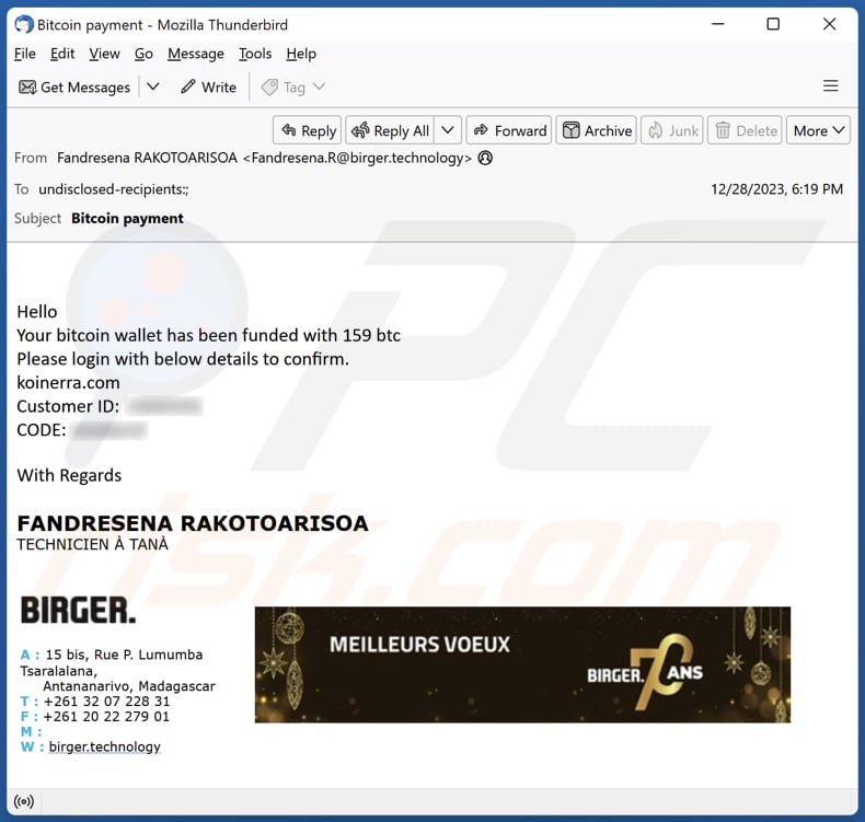 Koinerra.com scam promoting email