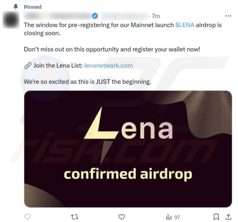 LENA Token Distribution scam endorsing X (Twitter) post