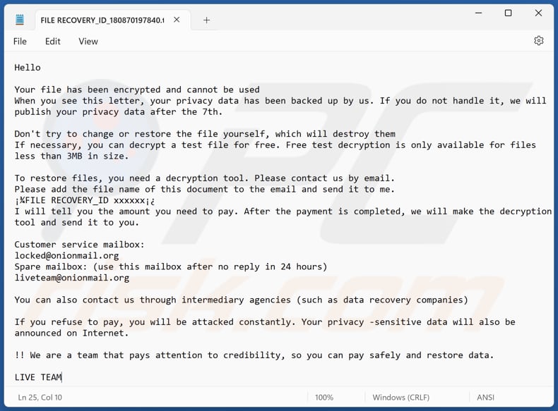 LIVE TEAM ransomware text file (FILE RECOVERY_ID_[victim's_ID].txt)