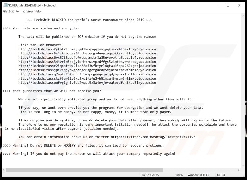 LockShit BLACKED ransomware ransom note (KJHEJgtkhn.READMEt.txt)