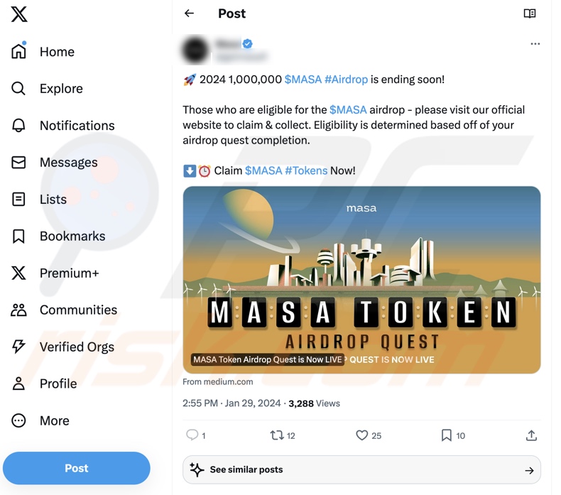 Post endorsing MASA Token Distribution scam on X (Twitter)