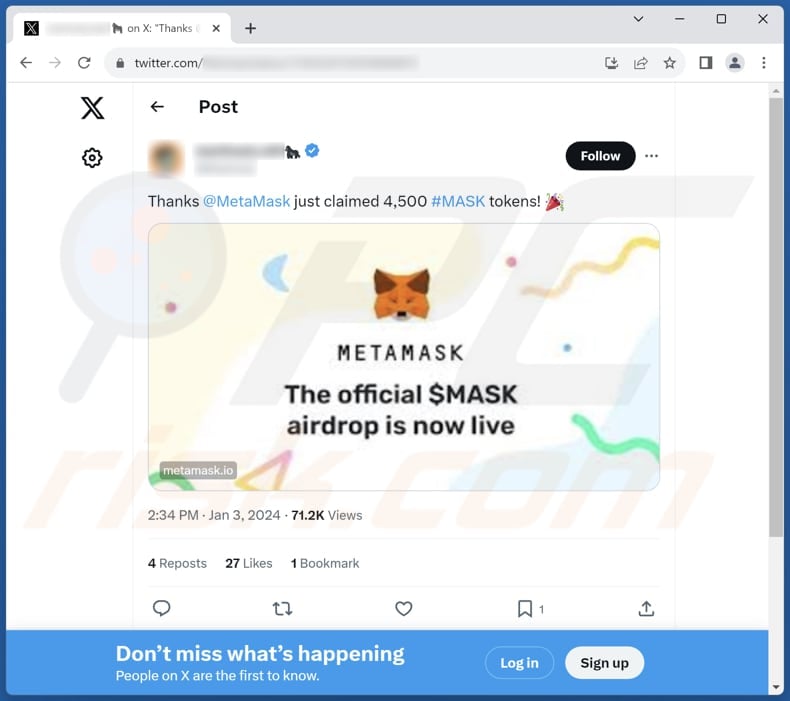 Mask token airdrop scam X (Twitter) post promoting the scam