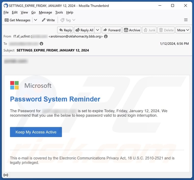 Microsoft Password System Reminder email spam campaign