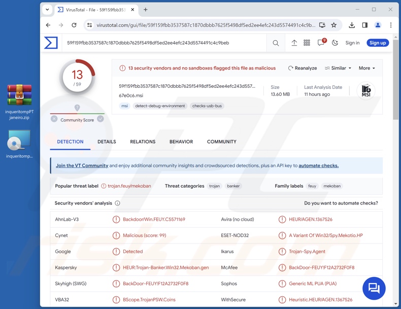 MINISTÉRIO PUBLICO PORTUGAL promoted file detections on VirusTotal