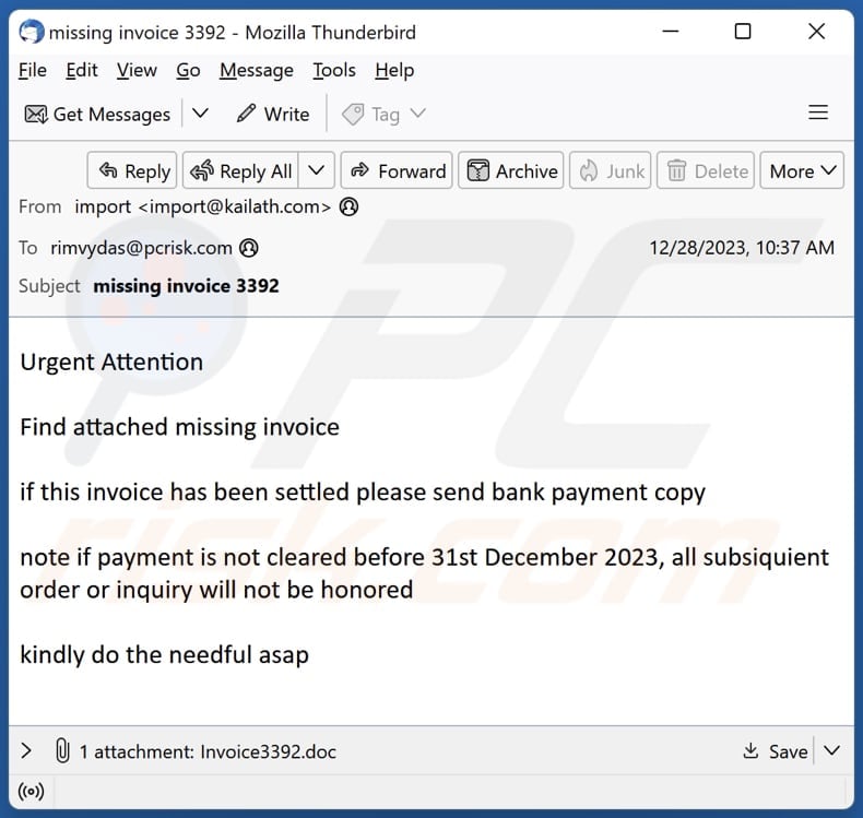 Missing Invoice malware-spreading email spam campaign