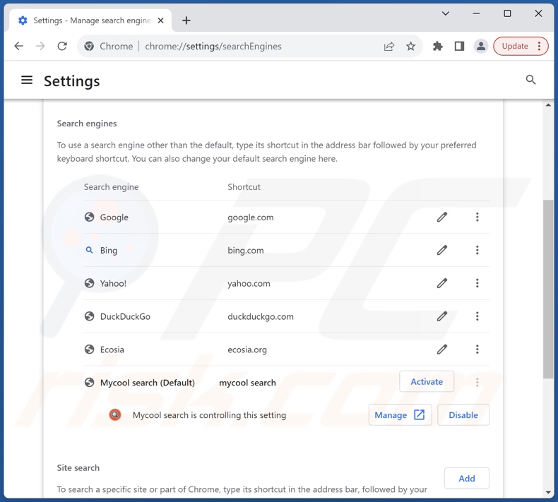 Removing search.mycooltab.com from Google Chrome default search engine