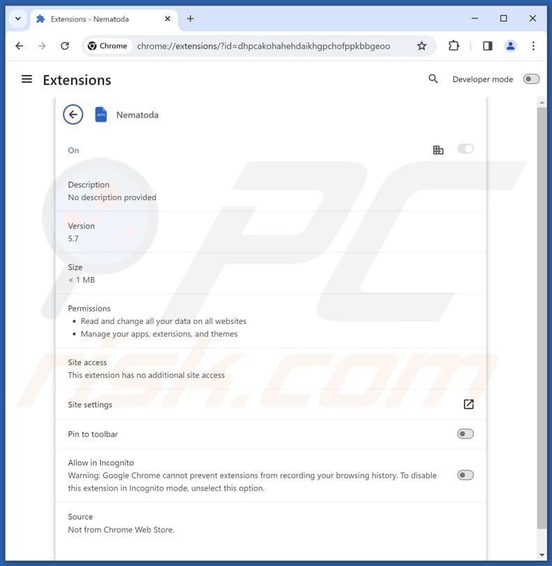 Nematoda malicious extension app information