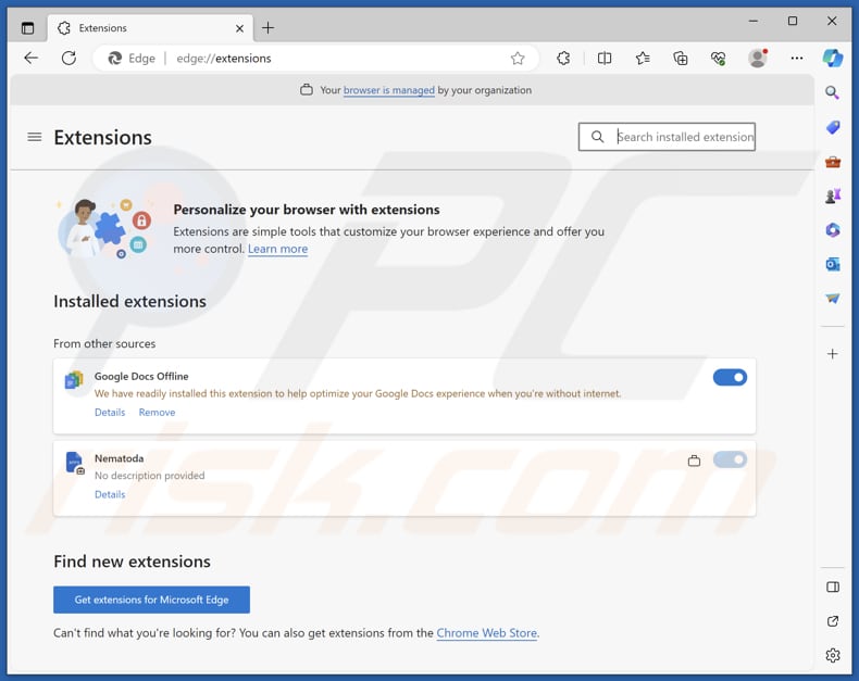 Nematoda malicious extension on Edge browser