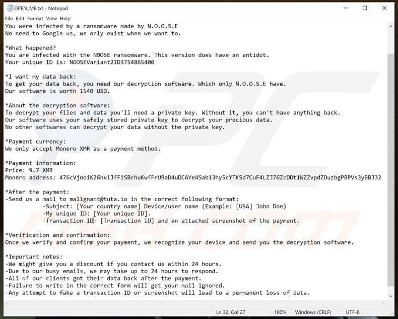 NOOSE ransomware text file (OPEN_ME.txt)