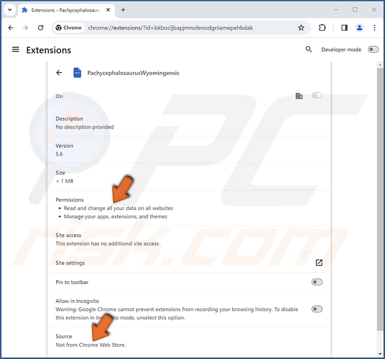 PachycephalosaurusWyomingensis malicious extension app info