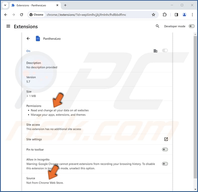 PantheraLeo malicious extension app information