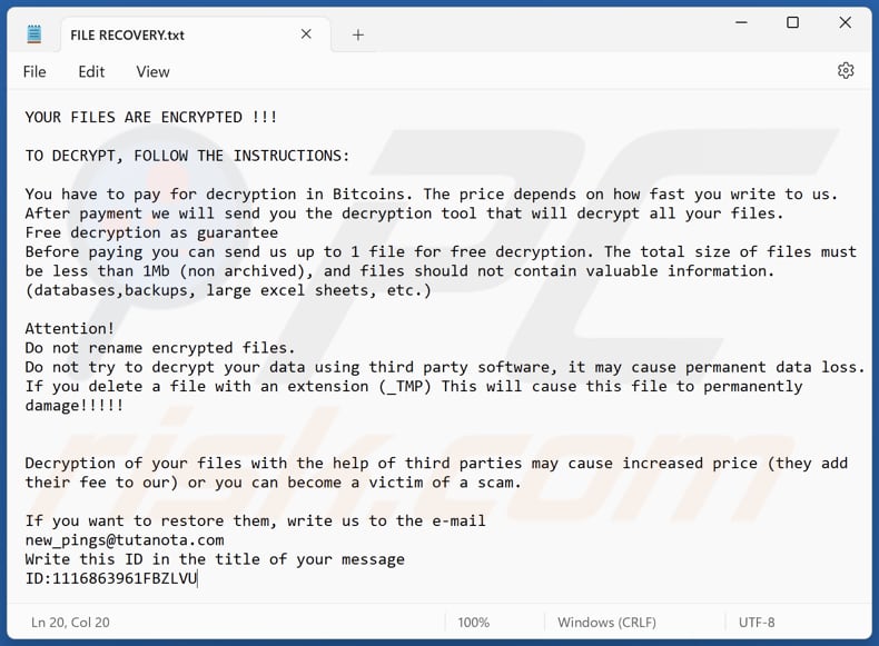 Pings ransomware text file (FILE RECOVERY.txt)